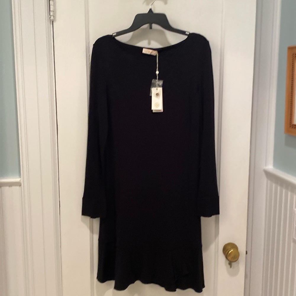 NWT Tory Burch black long sleeve dress with gold logo buttons at wrists